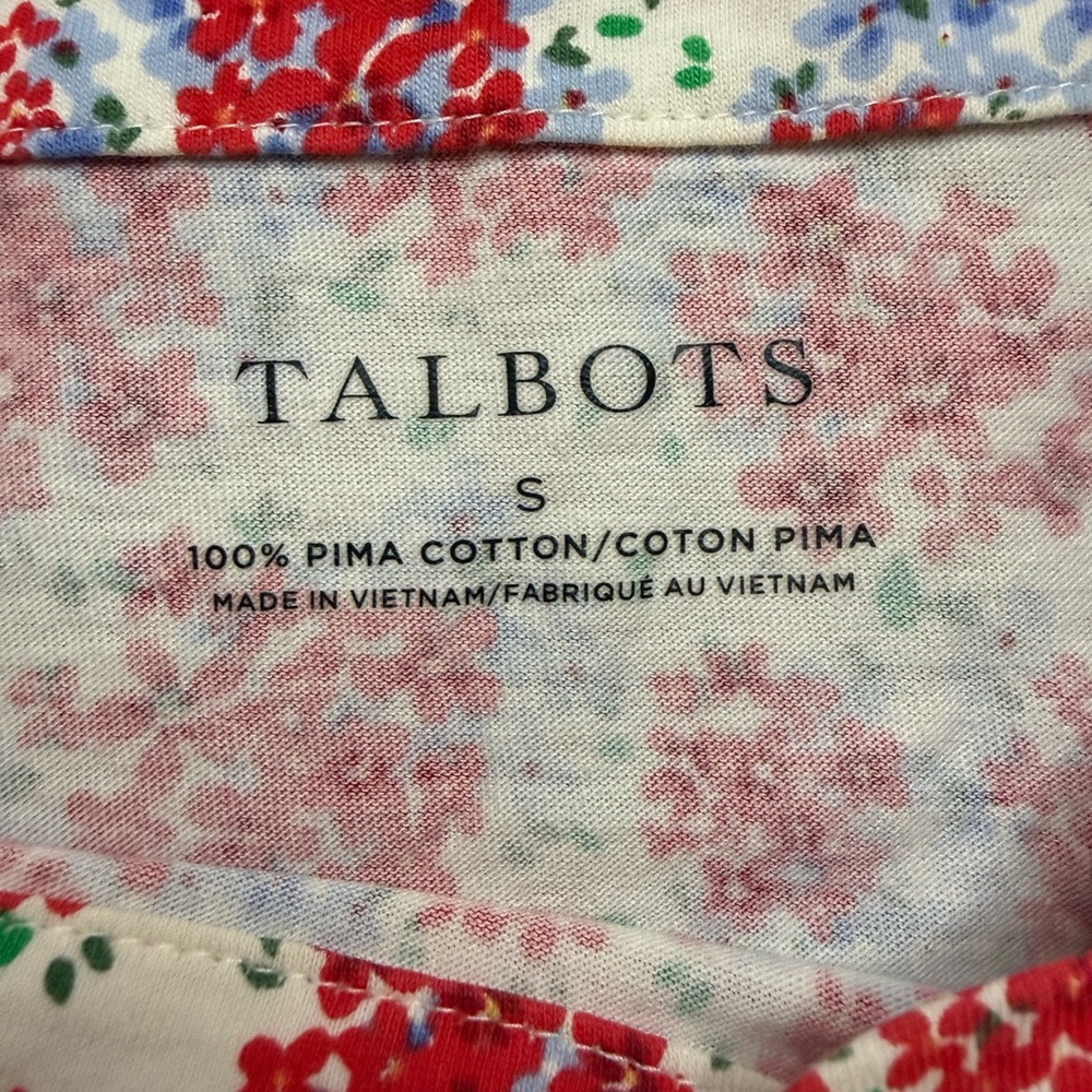 Talbots Red and Blue Floral Short Sleeve Top, 100% Cotton - Picture 2 of 4